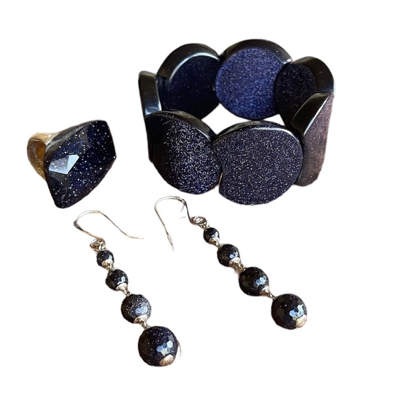 Lola Rose Blue Sandstone/ goldstone Bracelet, Earrings And Ring.  HSN LR - Picture 1 of 9